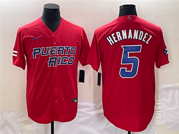 Men's Puerto Rico Baseball #5 Enrique Hernandez 2023 Red World Baseball Classic Stitched Jersey